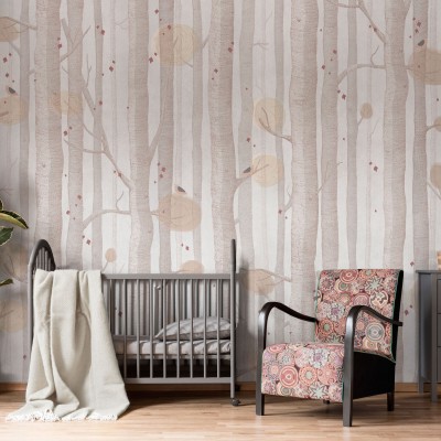 Wallpaper Lullaby, Autumn - design cu copaci înalți și păsări mici pe un fundal subtil, perfect pentru o cameră calmă și relaxantă pentru copii.