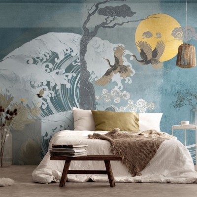 Tapet Nami Green cu design modern, minimalist și zen, cu valuri, crane și flori