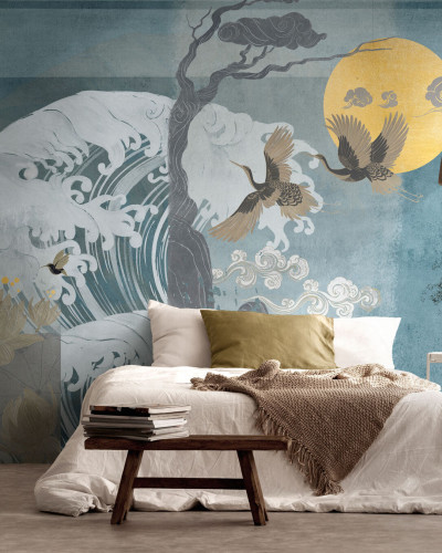 Tapet Nami Green cu design modern, minimalist și zen, cu valuri, crane și flori