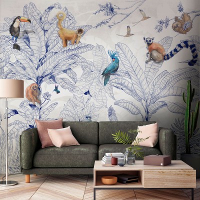 Tapet Jungle Club Blue cu design exotic