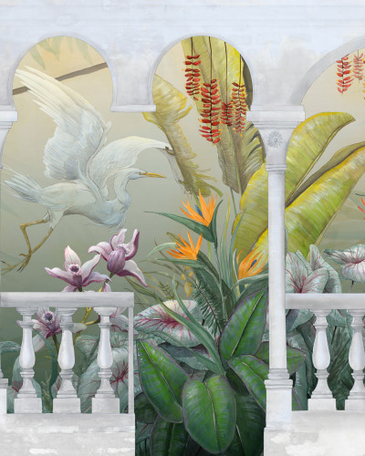 Tapet decorativ cu design exotic, Arcadia, Temple, cu o pasare albă în zbor printre frunze de palmier și flori colorate.
