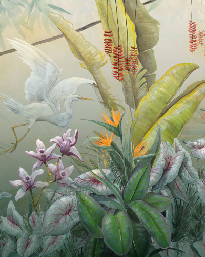 Decor de perete Arcadia, Nature, cu o imagine realistă a unei păduri tropicale luxuriante, cu frunze bogate, flori vibrante și o egretă albă grațioasă.