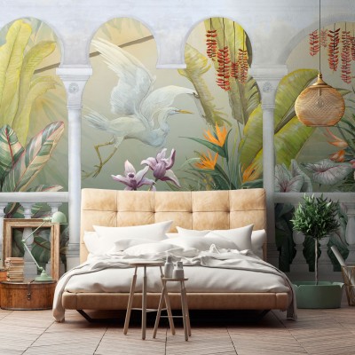 Tapet decorativ cu design exotic, Arcadia, Temple, cu o pasare albă în zbor printre frunze de palmier și flori colorate.