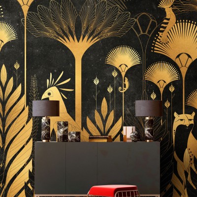 Ra, Black - Tapet modern cu design minimalist cu nuanțe de aur pe fond negru, inspirat din motive antice egiptene.
