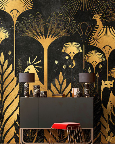 Ra, Black - Tapet modern cu design minimalist cu nuanțe de aur pe fond negru, inspirat din motive antice egiptene.