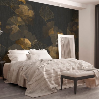 Ginko, Negru tapet, imagine cu un pat în dormitor,  Ginko, Negru tapet pe perete, dormitor elegant