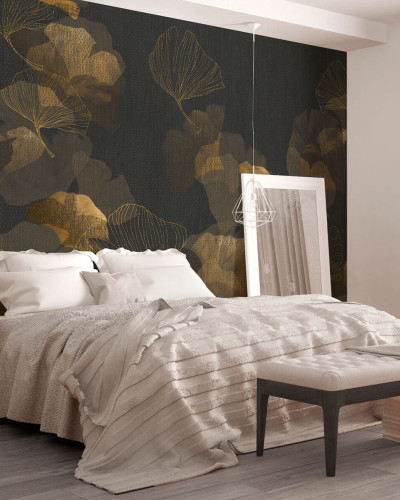 Ginko, Negru tapet, imagine cu un pat în dormitor,  Ginko, Negru tapet pe perete, dormitor elegant
