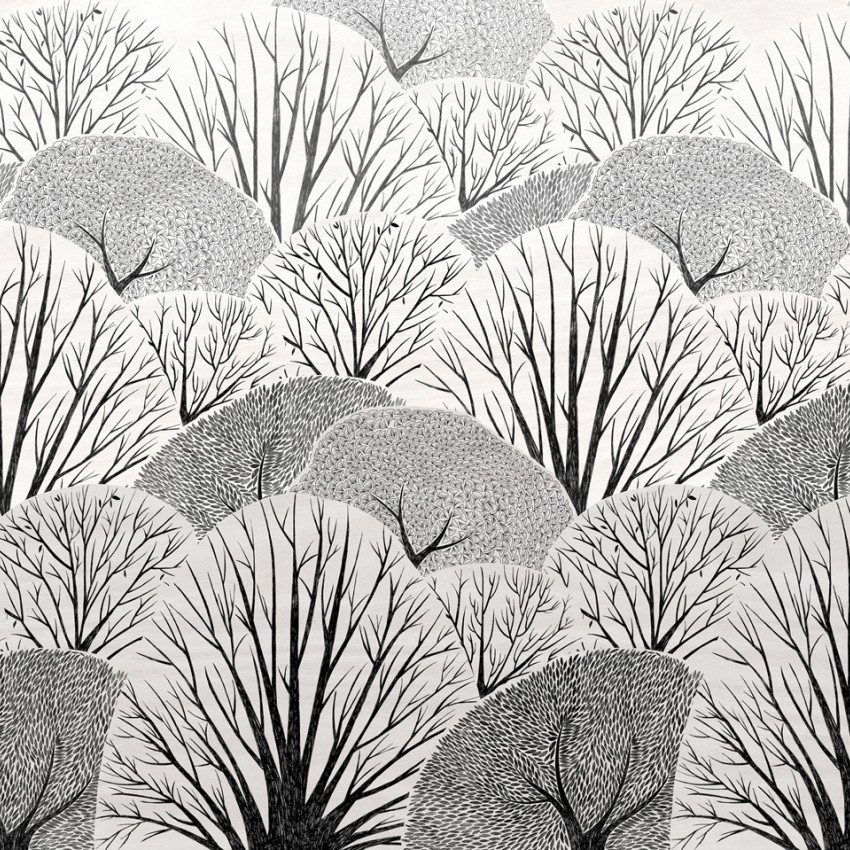 Wallpaper cu design modern si elegant, cu copaci goi pe un fundal alb