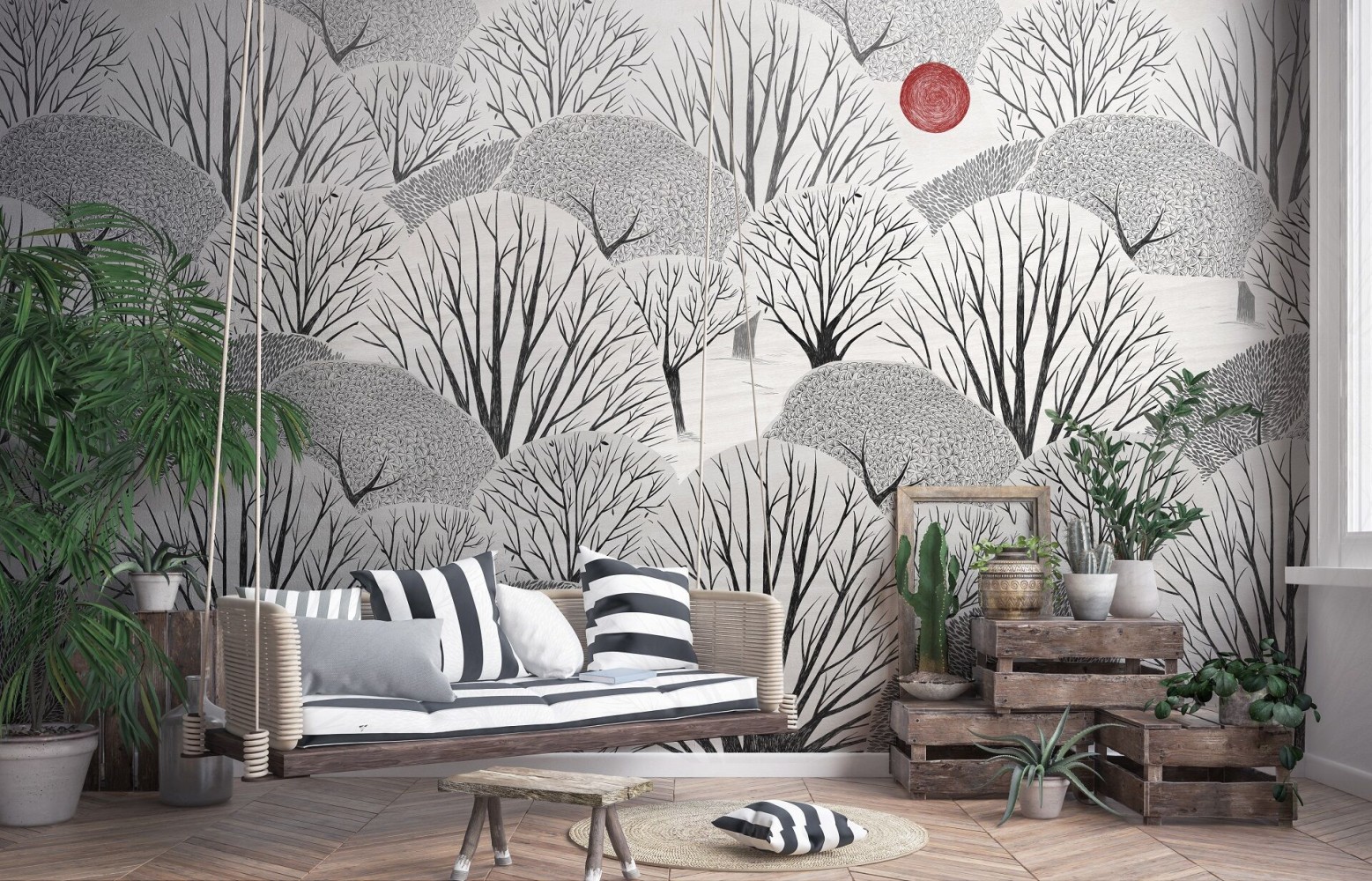 Tapet minimalist cu design modern, ce aduce o nota de eleganță și simplitate. Imaginea copacilor simpli, cu un soare roșu în fundal, creează o atmosferă relaxantă.