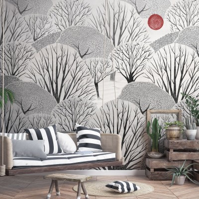 Tapet minimalist cu design modern, ce aduce o nota de eleganță și simplitate. Imaginea copacilor simpli, cu un soare roșu în fundal, creează o atmosferă relaxantă.