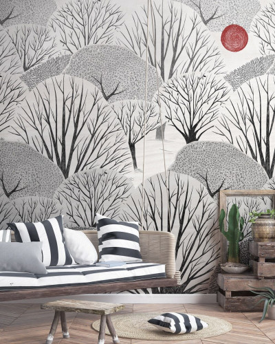Tapet minimalist cu design modern, ce aduce o nota de eleganță și simplitate. Imaginea copacilor simpli, cu un soare roșu în fundal, creează o atmosferă relaxantă.