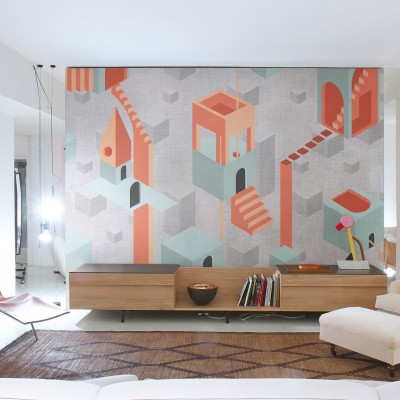 Tapet geometric abstract, portocaliu și verde, cu design modern.