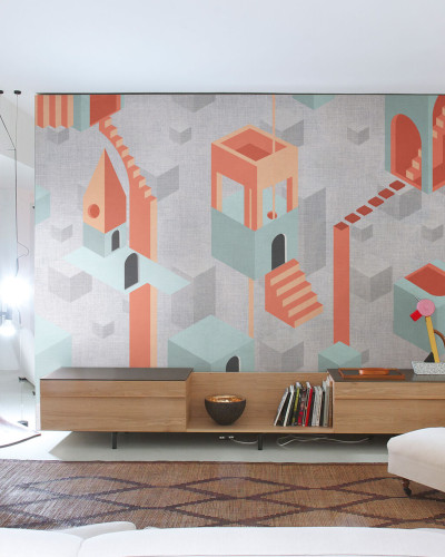 Tapet geometric abstract, portocaliu și verde, cu design modern.