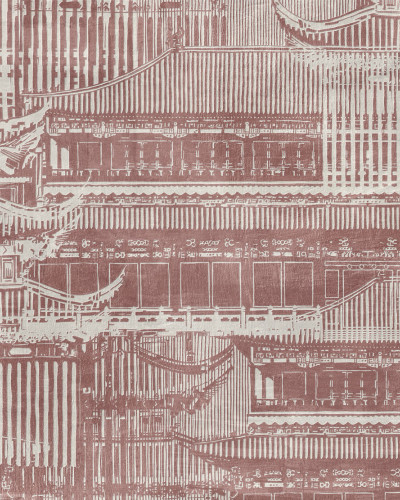 Tapet cu design modern Mikado Red, cu un aspect delicat, ilustrând o arhitectură asiatică, perfectă pentru a crea un spațiu elegant și modern.