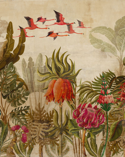 Tapet Colonial cu design tropical, flamingo roz si plante luxuriante