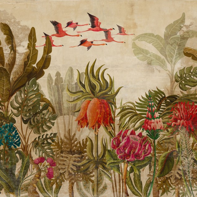 Tapet Colonial cu design tropical, flamingo roz si plante luxuriante
