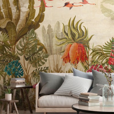 Tapet Colonial cu design tropical, flamingo roz si plante luxuriante