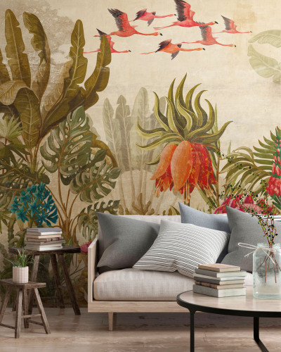 Tapet Colonial cu design tropical, flamingo roz si plante luxuriante
