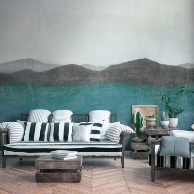 Tapet cu design minimalist, cu munți acoperiți de zăpadă și un lac albastru azuriu