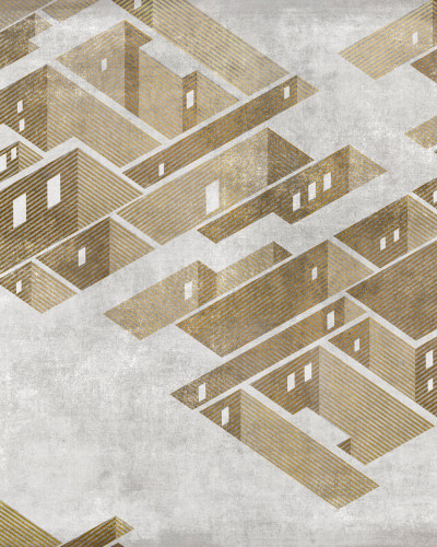 Tapet Metropolis, Gold, cu un design geometric si contrast de nuanțe de auriu si gri.