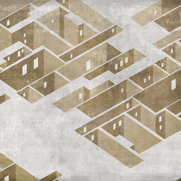 Tapet Metropolis, Gold, cu un design geometric si contrast de nuanțe de auriu si gri.