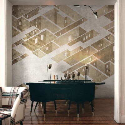 Tapet Metropolis, Gold, cu un design geometric si contrast de nuanțe de auriu si gri.