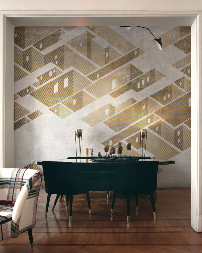 Tapet Metropolis, Gold, cu un design geometric si contrast de nuanțe de auriu si gri.