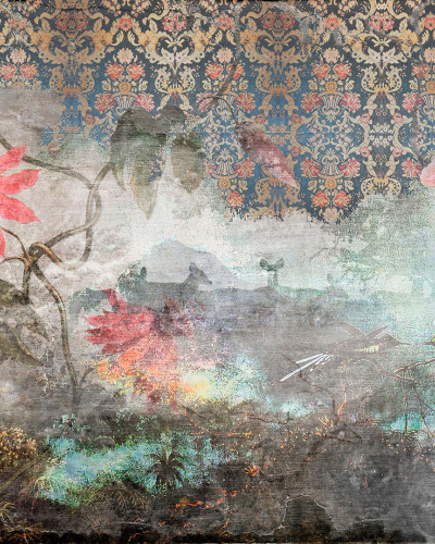 Tapet floral cu flori roșii și păsări, design vintage