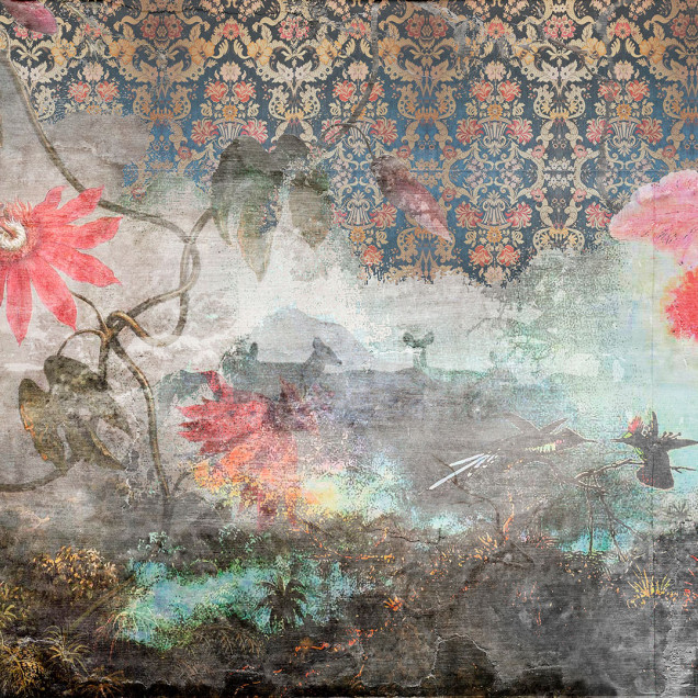 Tapet floral cu flori roșii și păsări, design vintage