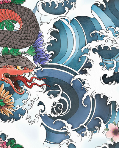 Tapet cu design Yokai - un demon japonez cu colti, in mijlocul valurilor oceanice, alaturi de o creatura mitologica a serpentei si flori delicate de lotus.