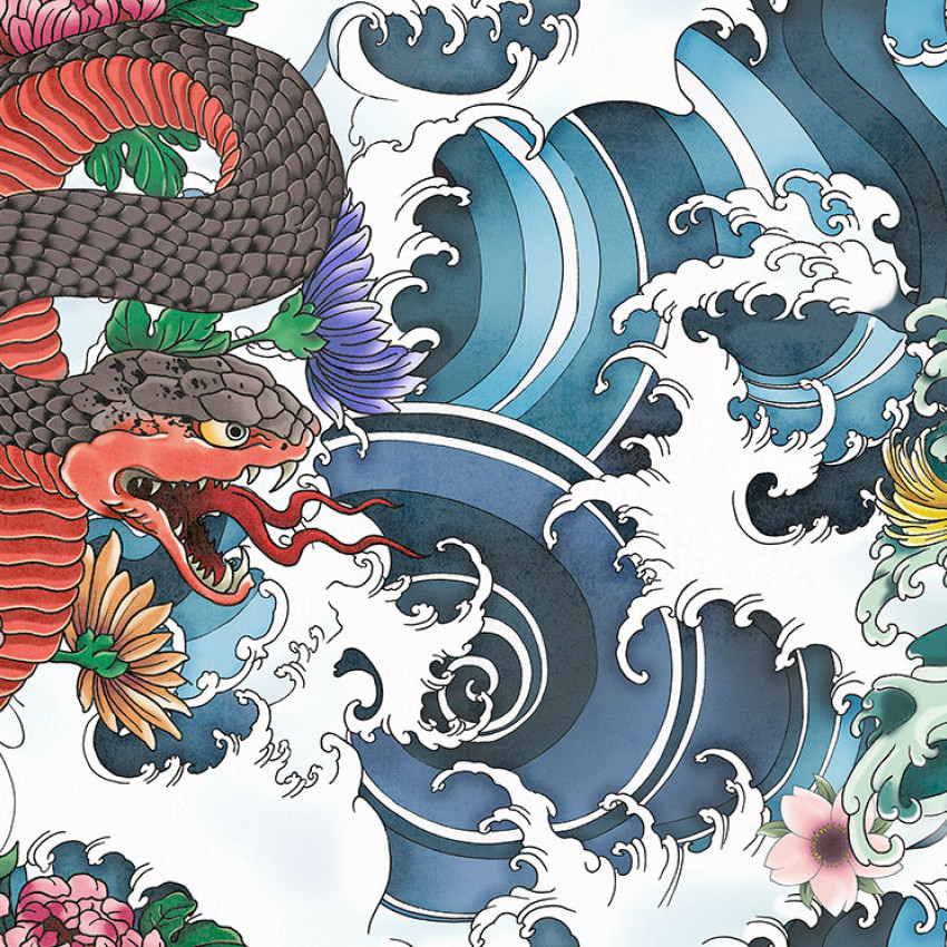 Tapet cu design Yokai - un demon japonez cu colti, in mijlocul valurilor oceanice, alaturi de o creatura mitologica a serpentei si flori delicate de lotus.