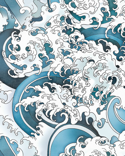 Tapet Yokai, Colorful B cu design de unde marine in nuante de albastru