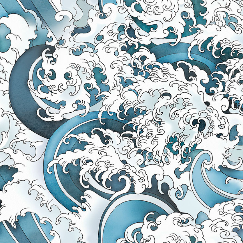 Tapet Yokai, Colorful B cu design de unde marine in nuante de albastru