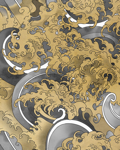 Yokai, Gold B - Tapet de perete cu valuri aurii pe fond gri