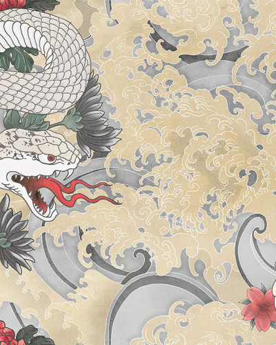 Wallpaper Yokai White A - o creatură legendară cu coada de șarpe, valuri și flori.