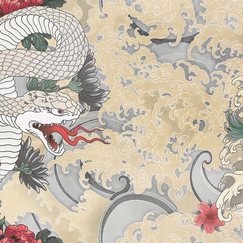 Wallpaper Yokai White A - o creatură legendară cu coada de șarpe, valuri și flori.