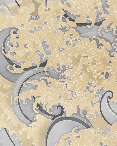 Tapet cu design modern, inspirat de arta japoneză, cu valuri în tonuri delicate de gri și bej