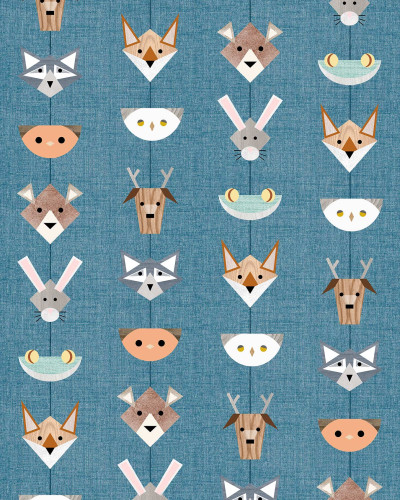 Tapet Totem Blue cu design geometric cu animale din pădure