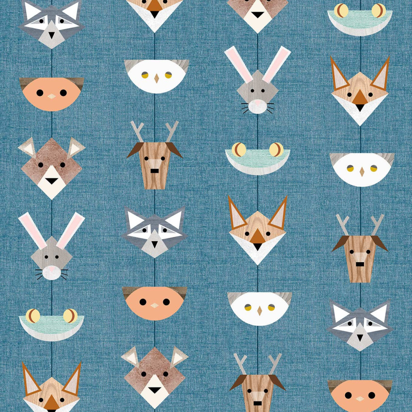 Tapet Totem Blue cu design geometric cu animale din pădure