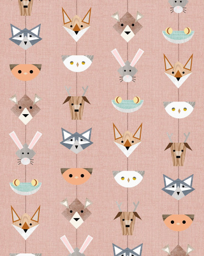 Tapet Totem, Rose, cu model geometric si animale simpatice intr-o nuanta calda de roz.