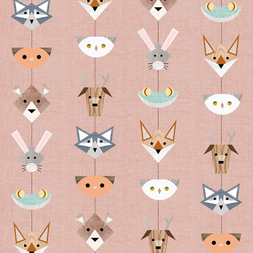 Tapet Totem, Rose, cu model geometric si animale simpatice intr-o nuanta calda de roz.