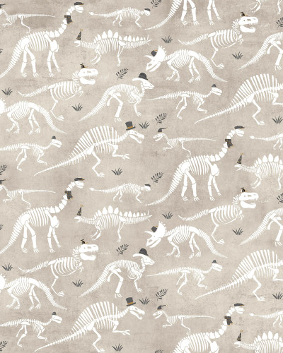 Tapet Dino, Beige cu schelete de dinozauri pe un fundal bej