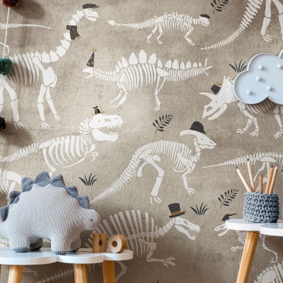Tapet Dino, Beige cu schelete de dinozauri pe un fundal bej