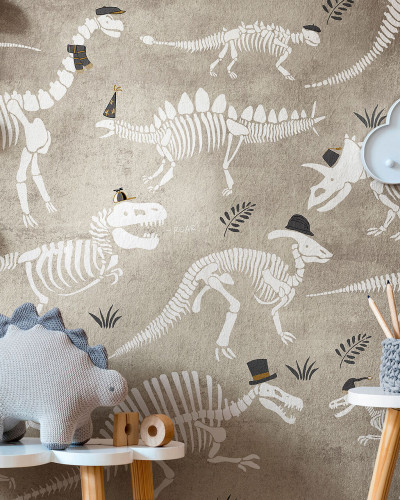 Tapet Dino, Beige cu schelete de dinozauri pe un fundal bej