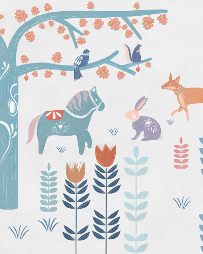 Tapet cu design modern cu un copac, animale și flori, perfect pentru dormitoare și livinguri