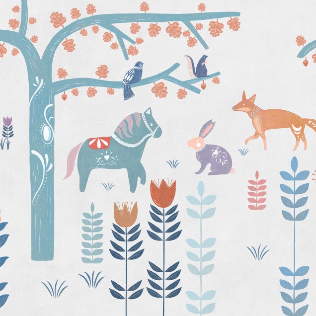 Tapet cu design modern cu un copac, animale și flori, perfect pentru dormitoare și livinguri