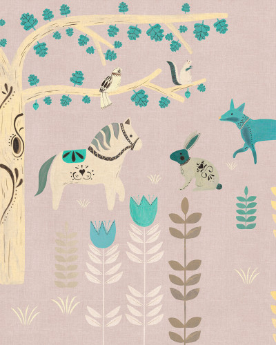 Wallpaper Fabel Rosa cu ilustratii delicate de animale, flori, un copac si pasari