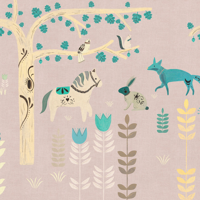 Wallpaper Fabel Rosa cu ilustratii delicate de animale, flori, un copac si pasari