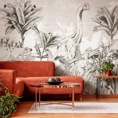 Tapet cu dinozauri și plante tropicale