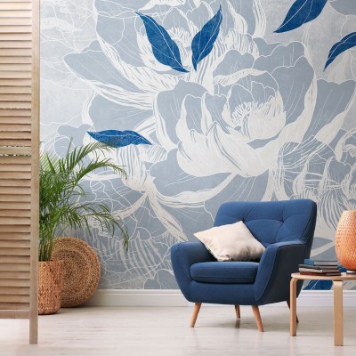 Haiku, Zaphyr, fototapet cu un design minimalist, flori albe pe fundal gri-albastru, frunze albastre